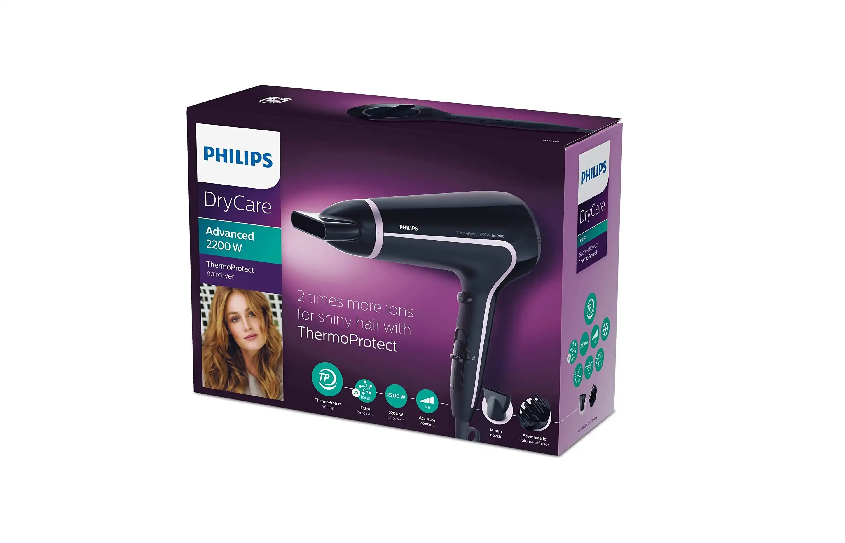Philips Hair Dryer with Diffuser, 2200 Watt, Black / Purple - BHD170/40