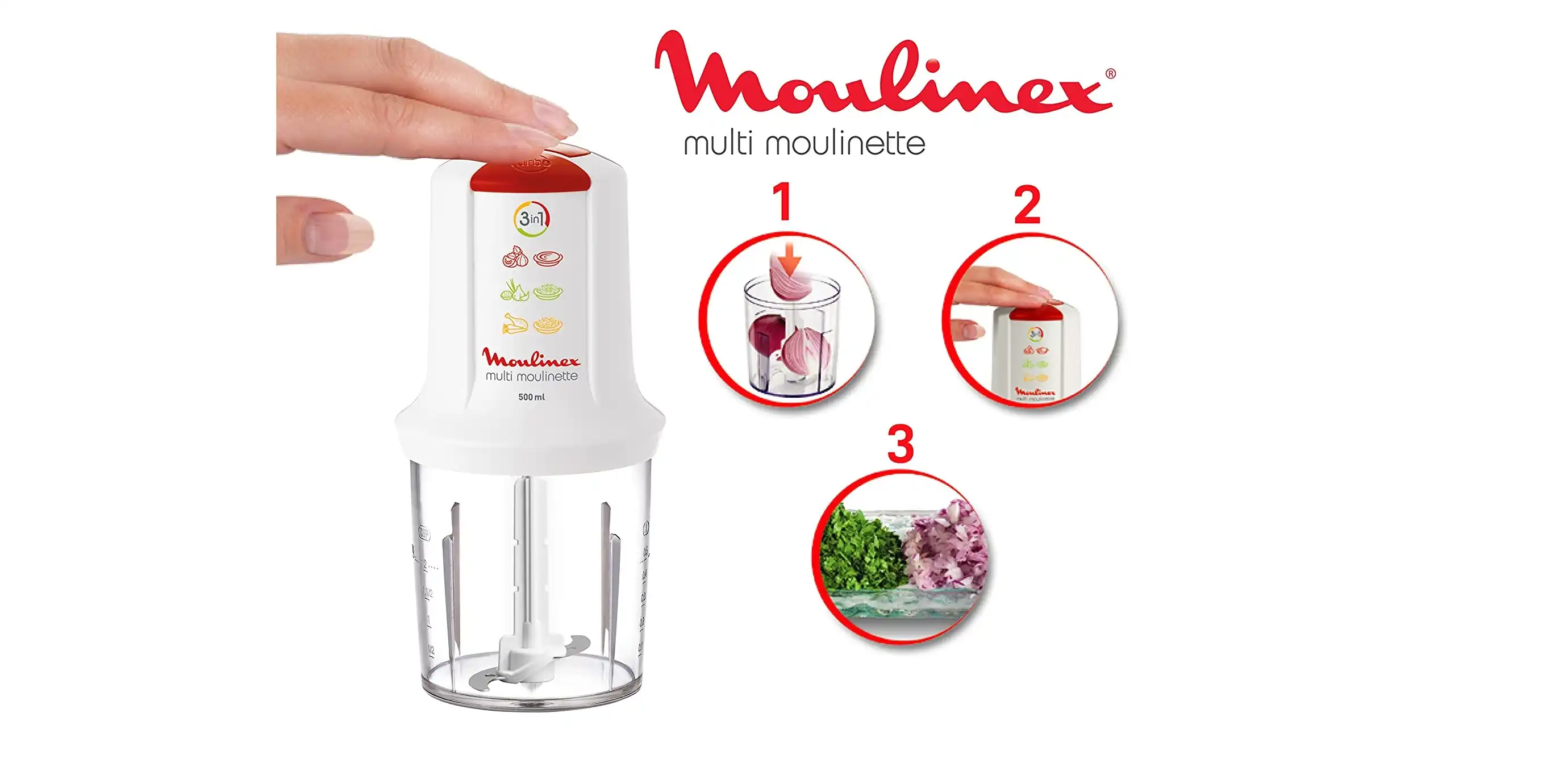 Moulinex Multi Moulinette Chopper 3 in 1, 500 ml, 500 Watt, White - AT7151EG