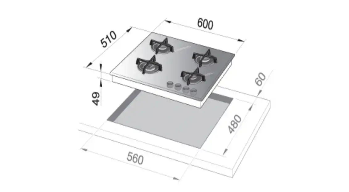 Elba Built-In Gas Hob, 4 Burners, 60 cm, Black Glass - E41-452 DBK