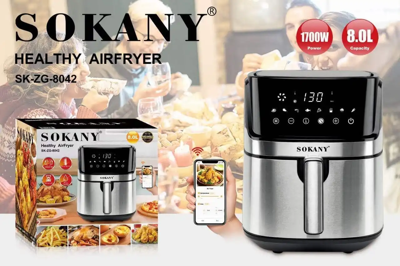 Sokany Air Fryer, Digital Screen, 8 Liters, 1700 Watt, Silver - SE-8042