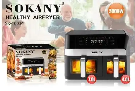 قلاية هوائية ديجيتال 2 باب بدون زيت من سوكاني، 2800 واط، 7+4 لتر، اسود - SK-10034