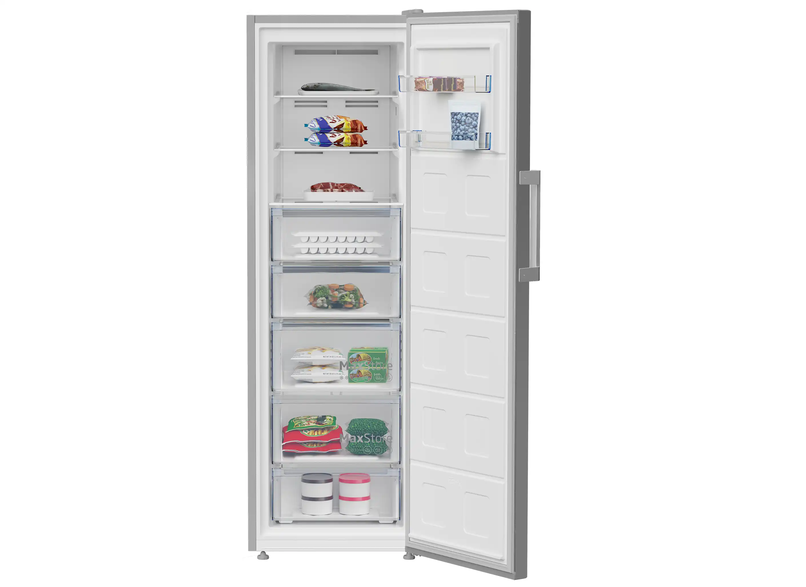 Beko Upright Freezer,  No Frost, 5 Drawers,and 3 shelf Digital Display, Silver - B3RFNE314ZXPE1