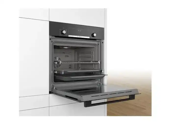 Bundel of Bosch Series 6 Built-in Gas Hob, 5 Burners, 90 cm, Black Glass - PPM9A6I40 + Bosch Built-In Electric Oven, 66 Liter, 60 cm, Black - HBJ558YB0Q