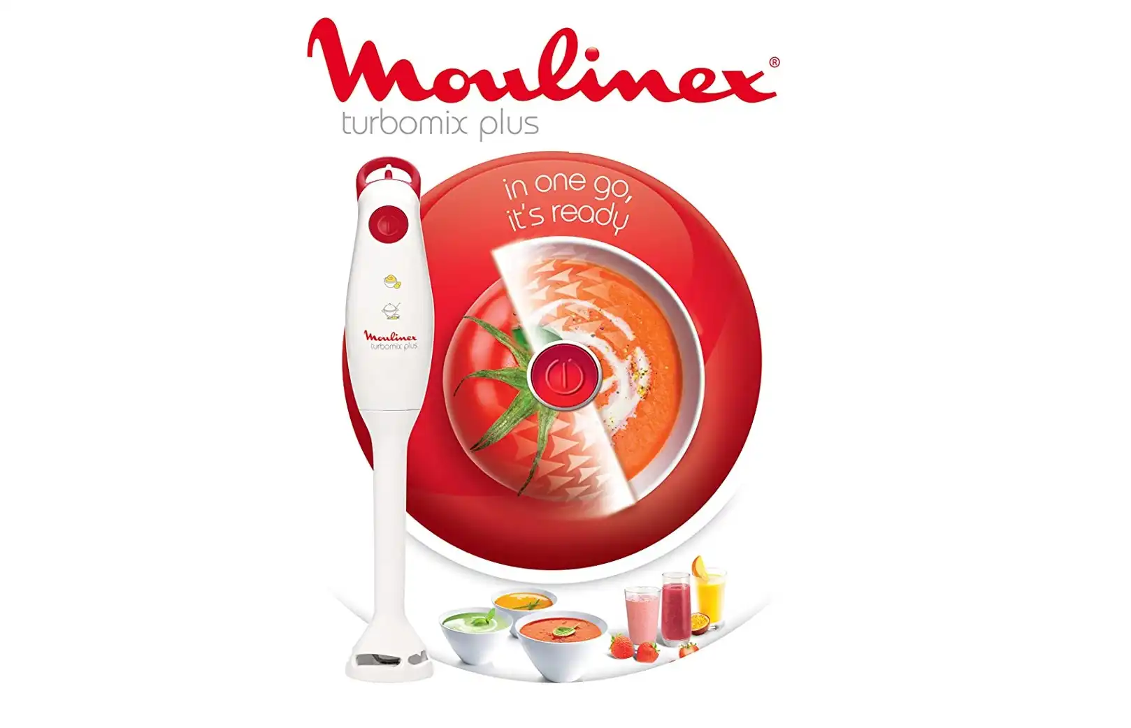 Moulinex Turbomix Plus Hand Blender, 350 Watt, White / Red - DD1001EG
