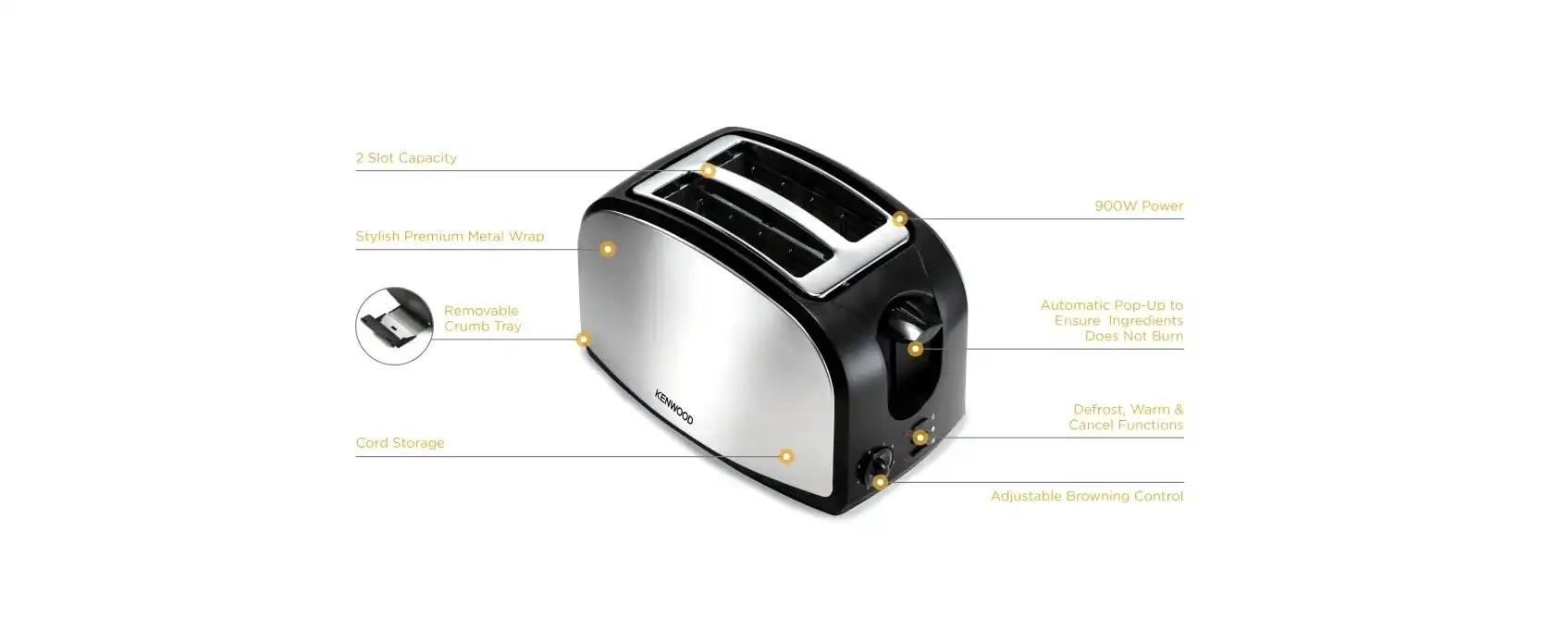 Kenwood Toaster, 900 Watt, 2 Slices, Silver Black - TCM01.AOBK