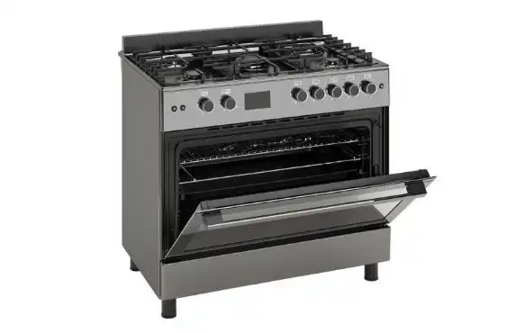 Ocean Professional Gas Cooker, 5 Burners, 90 cm, Full Safety Features, Cast Iron Grates, Digital Display, Fan, No Glass, Silver - OCGR9650-30 XB P