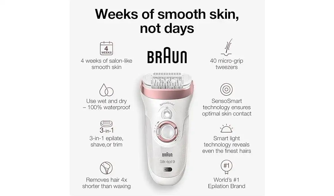 Braun Silk-épil 9 Wet and Dry Epilator, White - SES9-985BS