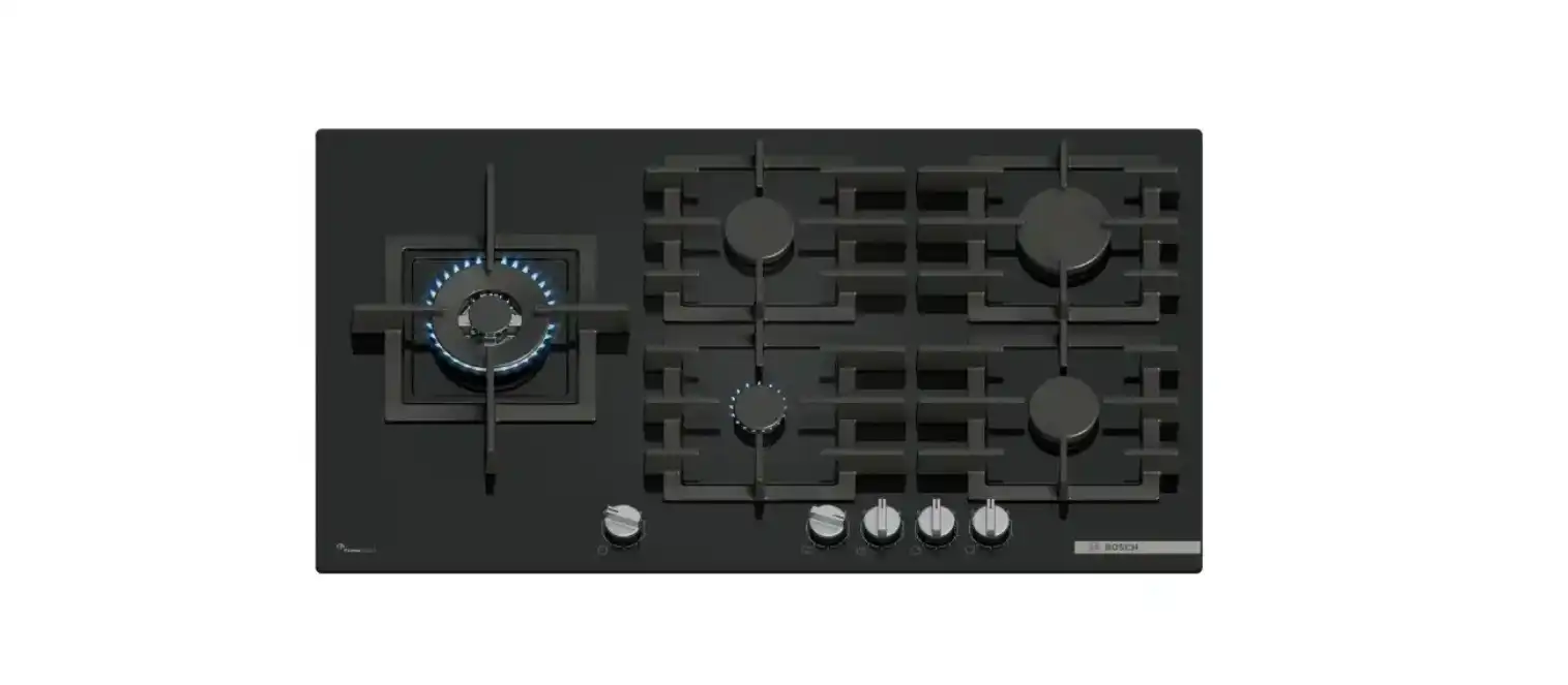 Bundel of Bosch Series 6 Built-in Gas Hob, 5 Burners, 90 cm, Black Glass - PPM9A6I40 + Bosch Built-In Electric Oven, 66 Liter, 60 cm, Black - HBJ558YB0Q