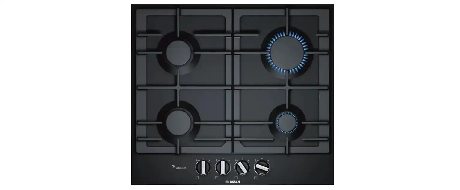 Bundel of Bosch Serie 6 Gas hob, 60 cm, Black - PCP6A6B90 + Bosch Series 2 Built-in Wall-Mounted Cooker Hood, 360 m³/h, 60 cm, Silver / Black - DWK63PJ61T