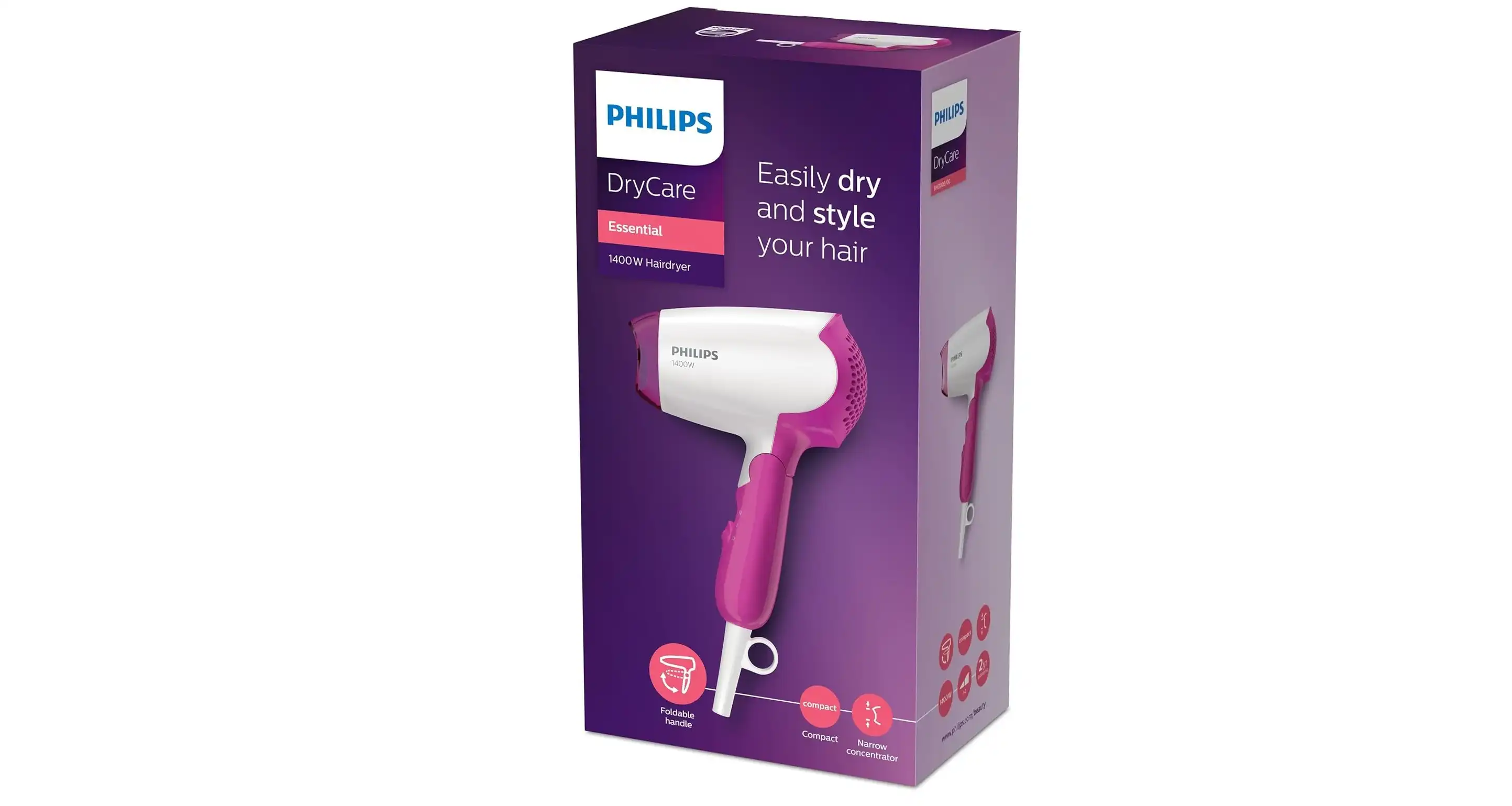 PHILIPS Hairdryer Dry Care Essential, 1400W, White / Pink - BHD003/03