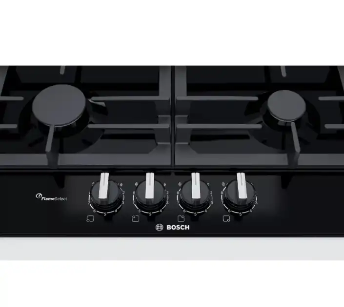 Bundel of Bosch Serie 6 Gas hob, 60 cm, Black - PCP6A6B90 + Bosch Series 2 Built-in Wall-Mounted Cooker Hood, 360 m³/h, 60 cm, Silver / Black - DWK63PJ61T