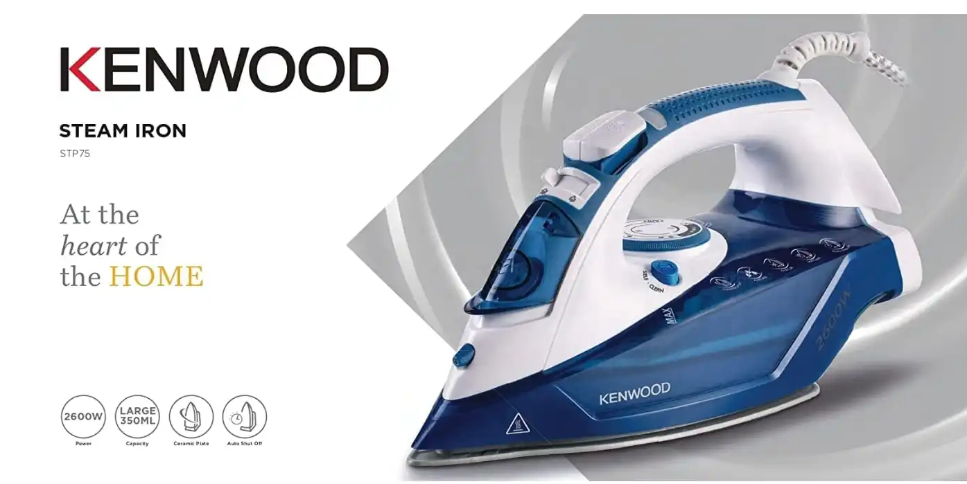 Kenwood Steam Iron, 2600 Watts, 350 ML Large Capacity, Ceramic Sole Plate, Steam Power 45/140G, Anti Drip - White / Blue - STP75.000WB