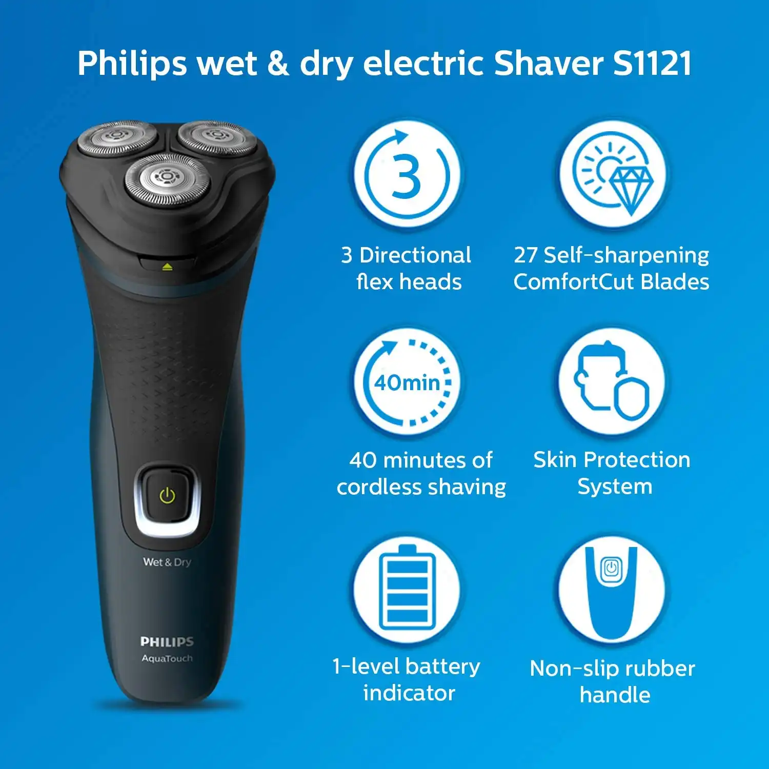 Philips Wet and Dry Electric Shaver, Blue - S1121