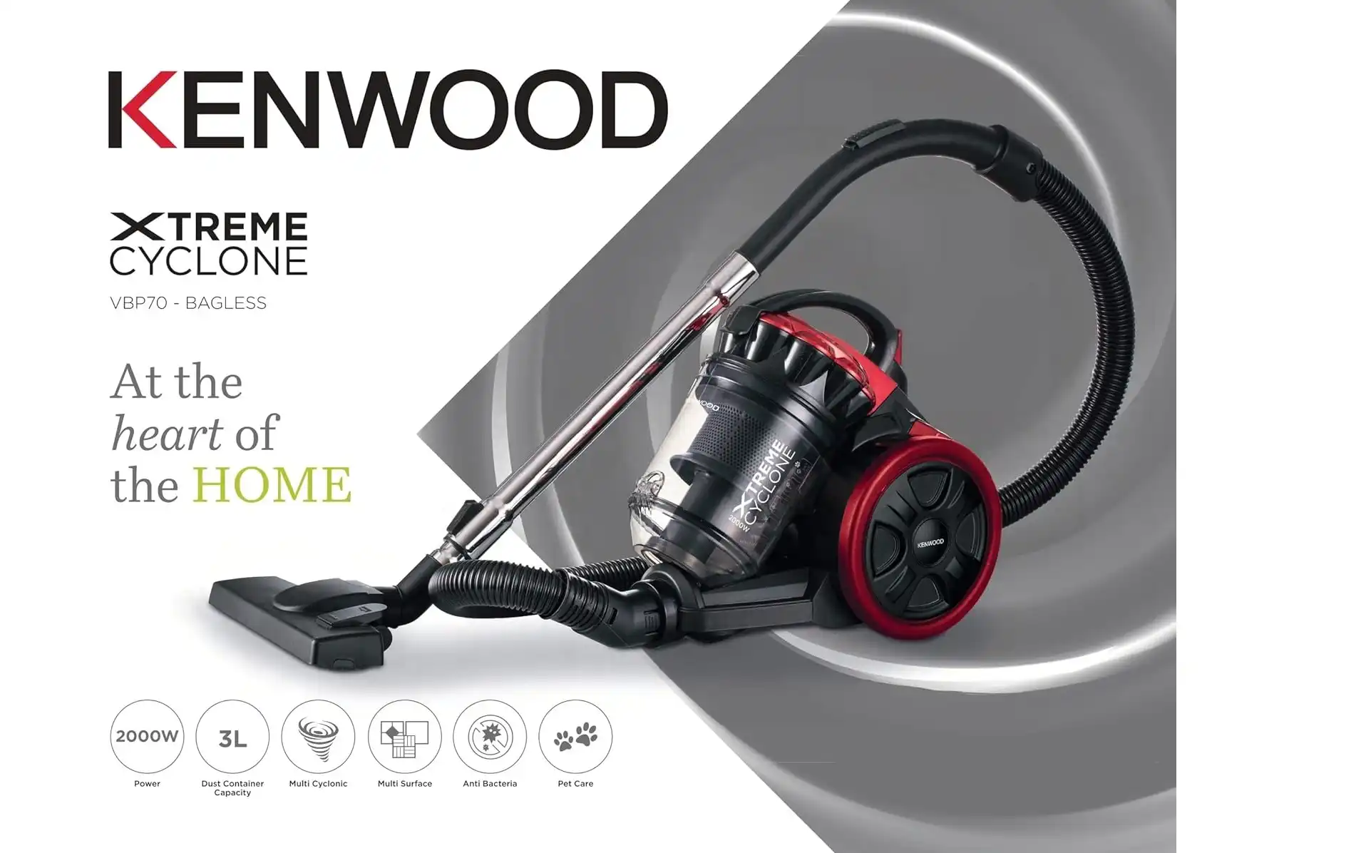 Kenwood Xtreme Cyclone Bagless Vacuum Cleaner, 2000 Watt, Black / Red - VBP70