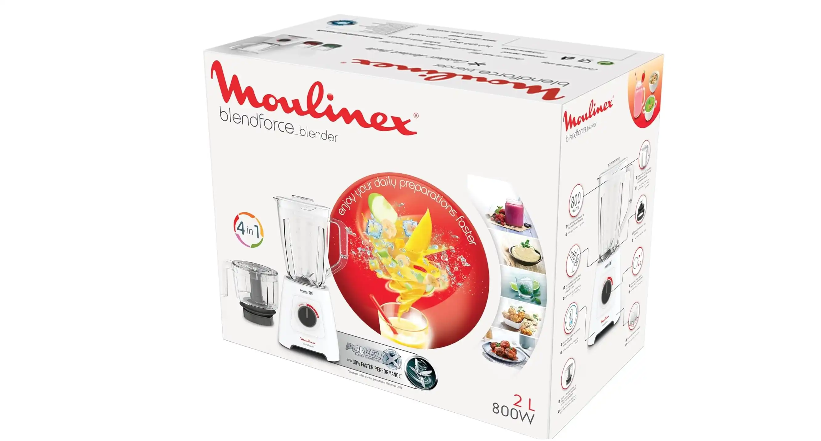 Moulinex Blendfroce, Blender, 800 Watts, Jar 2 Liters, 2 Speeds & Pulse, XL Chopper 550 ML, Ice Crush, Powelix Blades, White - LM42X2EG