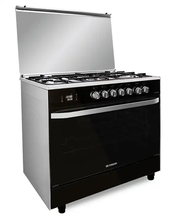 Fresh Hammer Touch Freestanding Digital Gas Cooker, 5 Burners, 90 Cm, Black Glass - 500006372